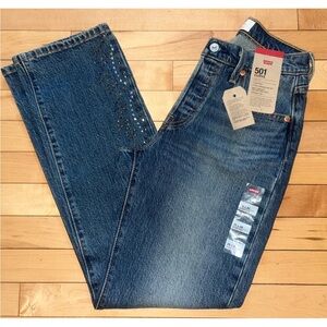 NEW! LEVI'S 501 Curve Straight Leg Denim Rhinestone Jeans Solargenic Size 26